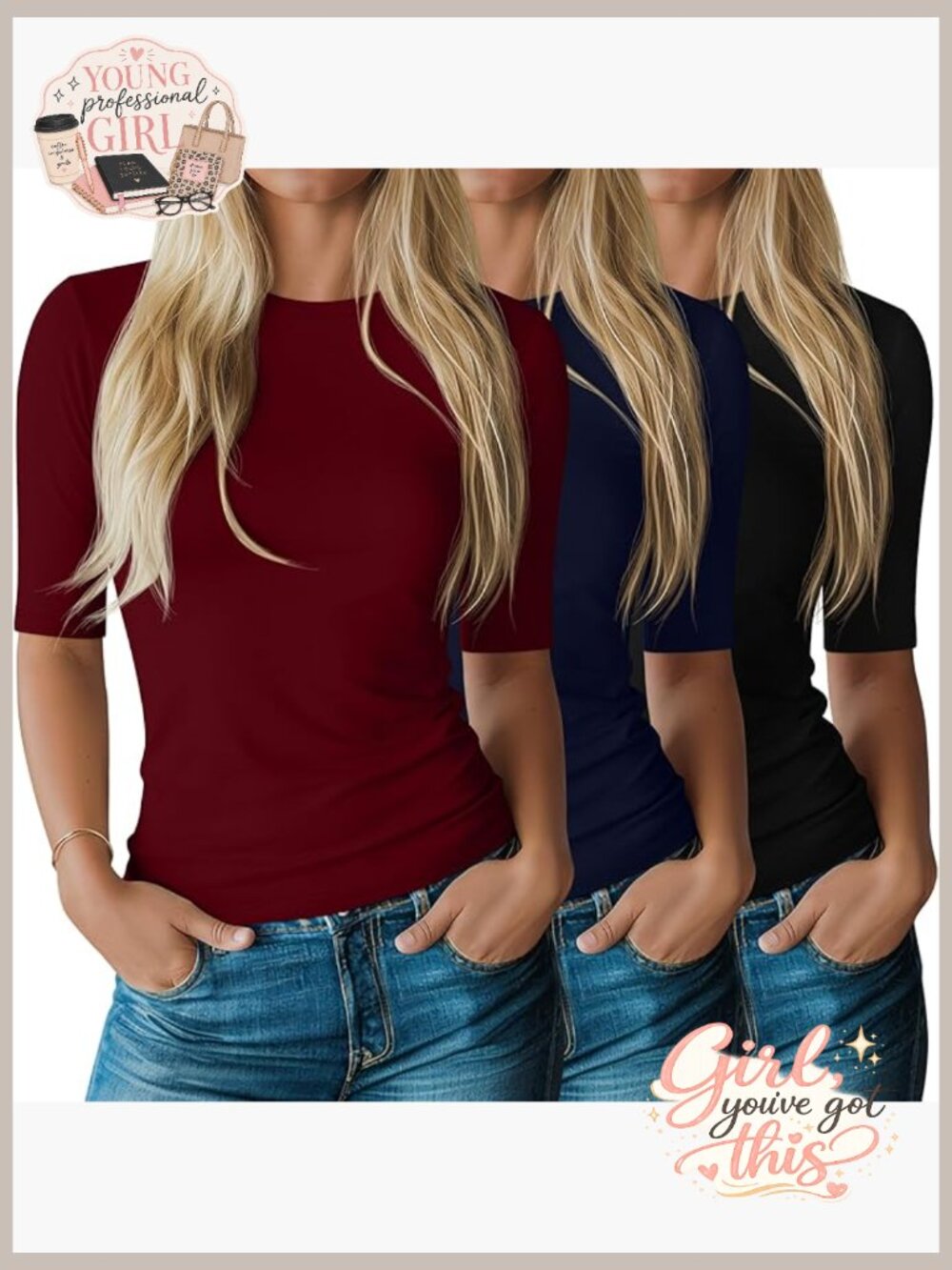 3 Pack Women's Half Sleeve Crewneck T-Shirts Slim Fit Cotton Blend Tees